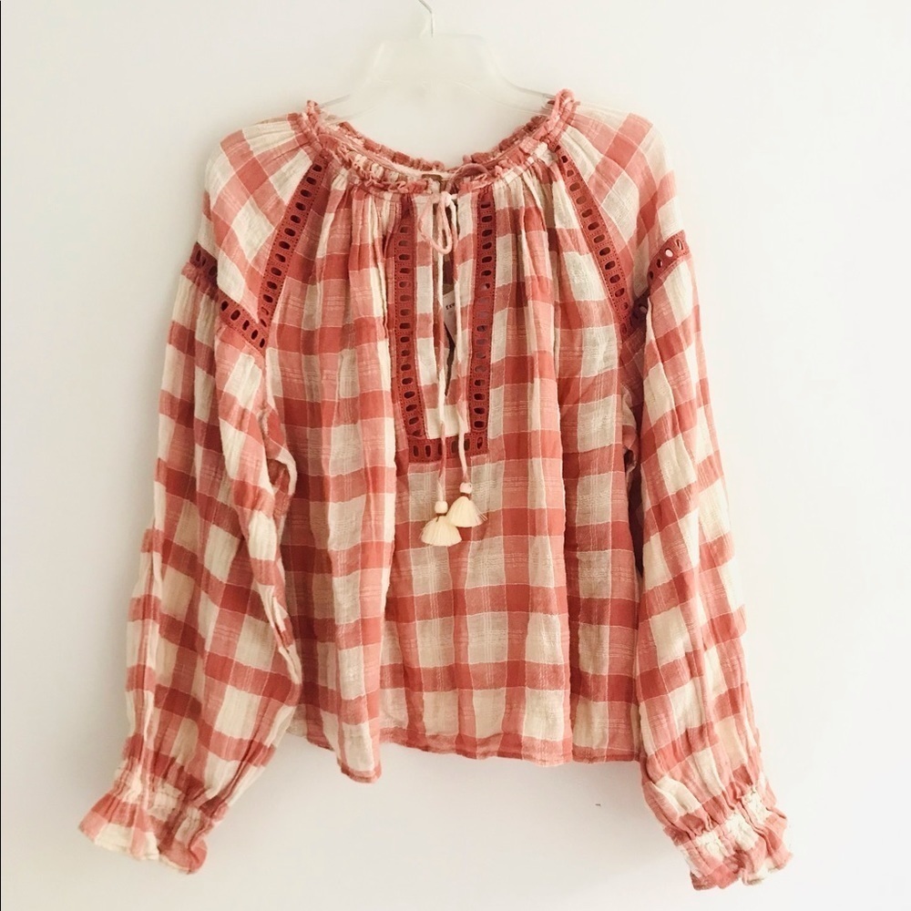 Free People | Honey Groove Plaid Top Womens L Beige Long Sleeve Knit Blouse - Picture 5 of 13